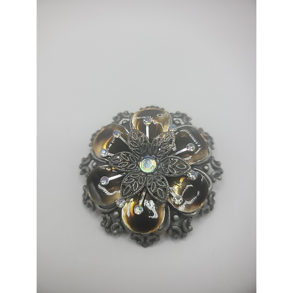 Vintage Silver Tone Brooch Pin Flower Gold Tone Layered Jewelry Costume